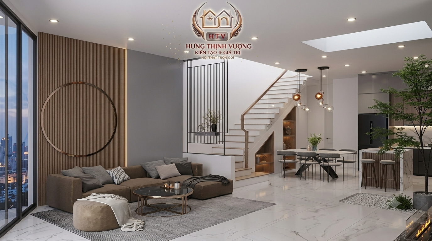 Vách cầu thang hiện đại được thiết kế tinh tế với lam gỗ và đá cẩm thạch bởi Hưng Thịnh Vượng