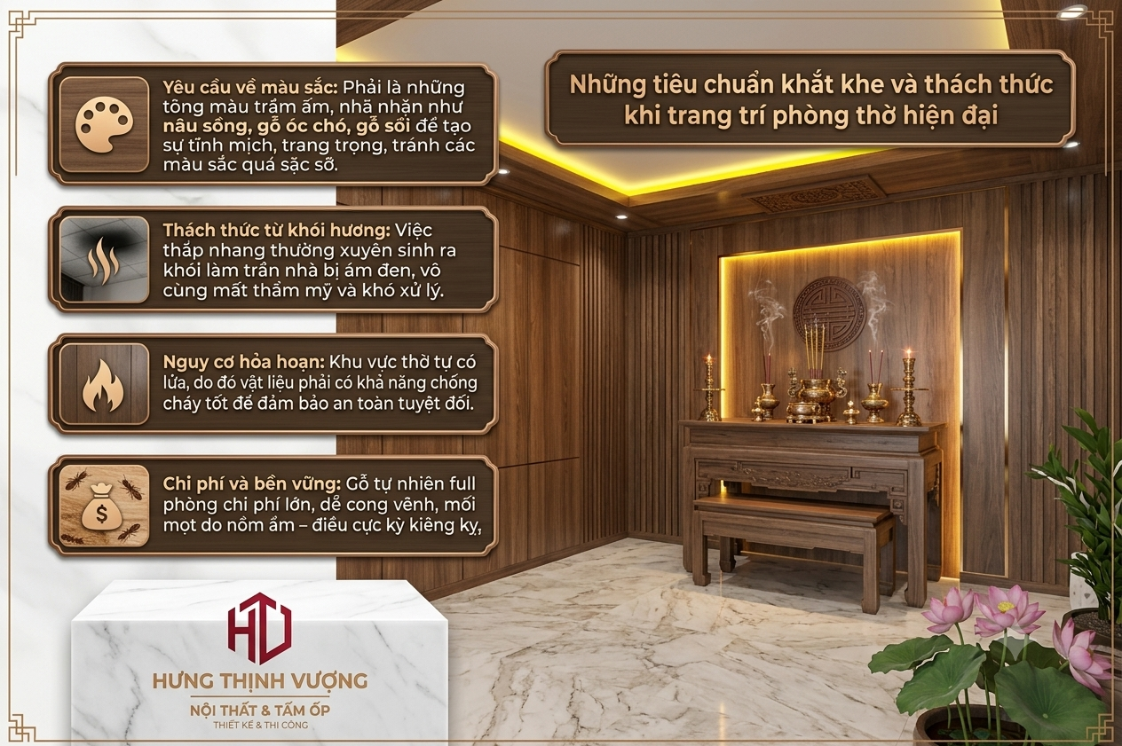 "Những tiêu chuẩn khắt khe và thách thức cần lưu ý khi trang trí phòng thờ hiện đại để đảm bảo phong thủy và an toàn."