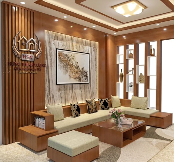 Mẫu vách tivi phòng khách hiện đại, sang trọng được thiết kế thi công bởi Nội Thất & Tấm Ốp Hưng Thịnh Vượng.