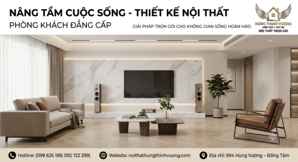 Mẫu vách tivi phòng khách hiện đại, sang trọng được thiết kế thi công bởi Nội Thất & Tấm Ốp Hưng Thịnh Vượng.