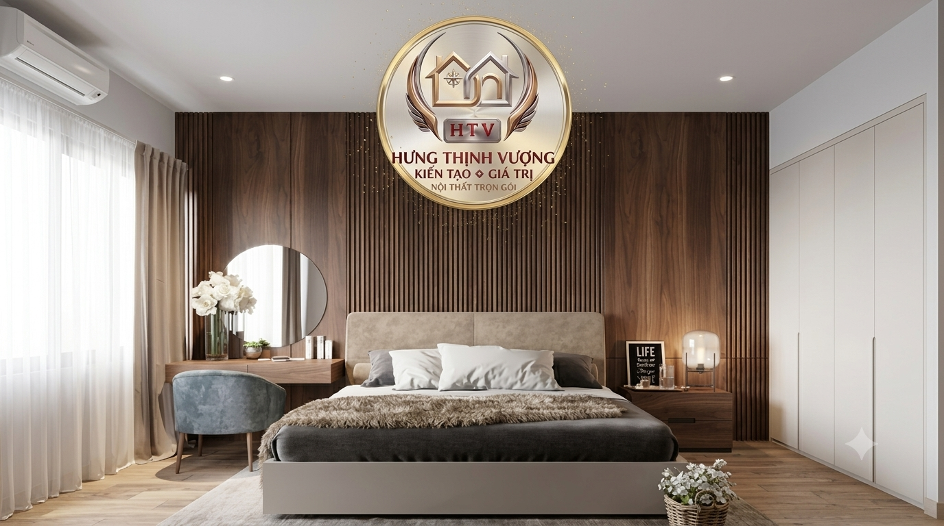 Thiết kế trần phòng ngủ ốp lam sóng giả gỗ kết hợp hệ đèn LED hắt khe đồng bộ vách đầu giường