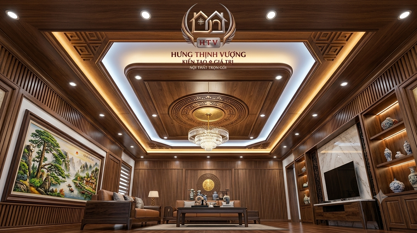 Trần nhựa Nano giả gỗ khắc phục trần thạch cao bị ẩm mốc, ố vàng của Nội Thất Hưng Thịnh Vượng