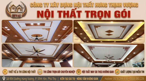 "Không gian phòng khách sử dụng trần nhựa Nano giả gỗ hiện đại, sang trọng thay thế trần thạch cao - Nội Thất Hưng Thịnh Vượng."