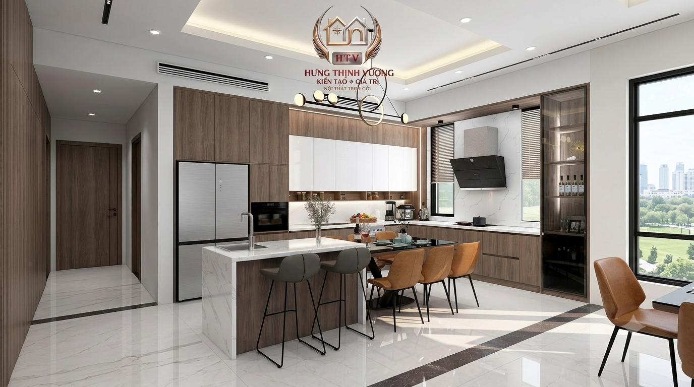 Trang trí tường phòng ăn sang trọng như nhà hàng cao cấp bằng tấm ốp Nano Hưng Thịnh Vượng