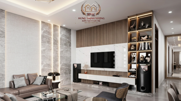 Ý tưởng trang trí tường sau sofa bằng tấm ốp tường thế hệ mới cho phòng khách sang trọng của Nội Thất Hưng Thịnh Vượng