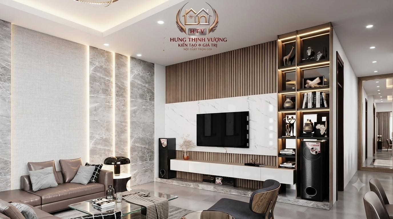 Ý tưởng trang trí tường sau sofa bằng tấm ốp tường thế hệ mới cho phòng khách sang trọng của Nội Thất Hưng Thịnh Vượng