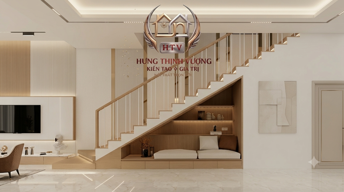 Trang trí vách cầu thang chống ẩm mốc bằng tấm ốp Nano kết hợp đèn LED tại Hưng Thịnh Vượng