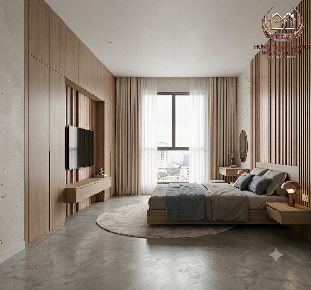 Mẫu thiết kế tủ quần áo cánh kính khung nhôm âm tường kết hợp đèn LED cảm ứng và vách ốp lam sóng đồng bộ
