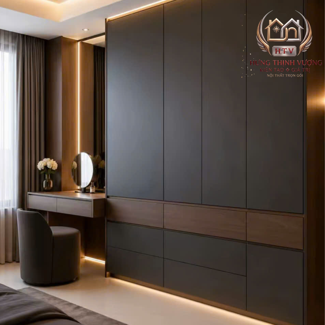 Mẫu thiết kế tủ quần áo âm tường kịch trần kết hợp hệ vách ốp đồng bộ giúp tối ưu diện tích phòng ngủ nhỏ hiện đại