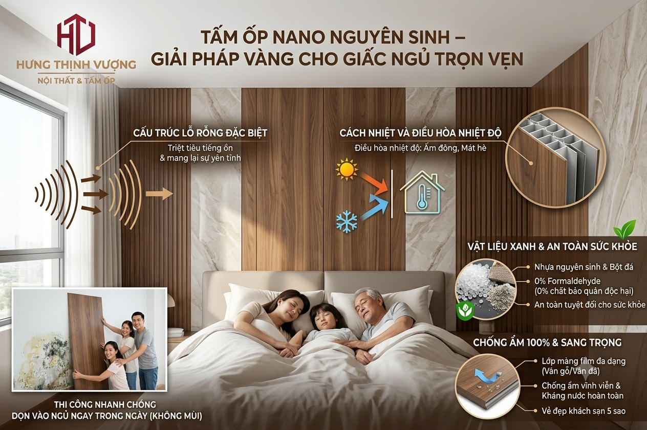 "Lợi ích của tấm ốp tường Nano nguyên sinh trong phòng ngủ: Cách âm, cách nhiệt, an toàn sức khỏe và thi công nhanh chóng - Nội Thất Hưng Thịnh Vượng."