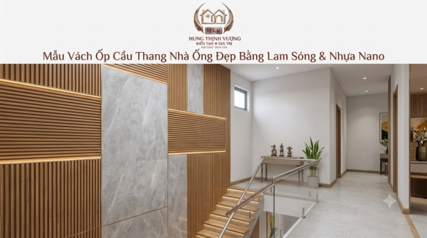 Mẫu phối tấm ốp Nano vân đá cẩm thạch kết hợp tranh đèn LED trang trí chiếu nghỉ cầu thang nhà ống