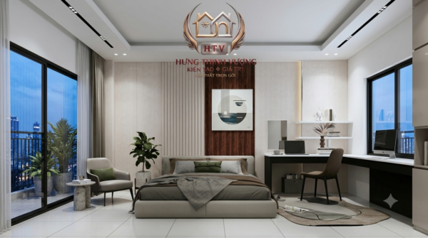 Mẫu vách ốp đầu giường đa chất liệu kết hợp lam sóng, Nano vân đá và đèn LED hắt sáng cho phòng ngủ Master