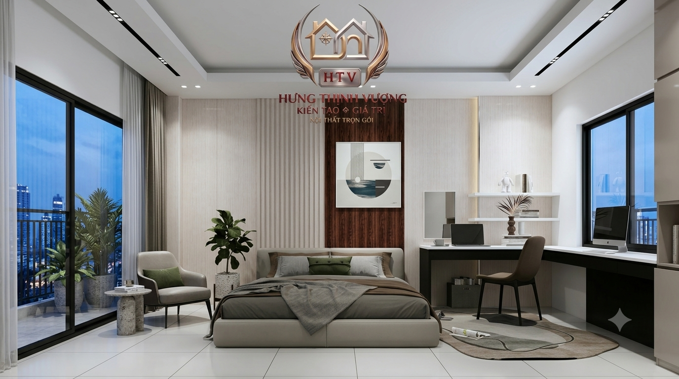 Mẫu vách ốp đầu giường đa chất liệu kết hợp lam sóng, Nano vân đá và đèn LED hắt sáng cho phòng ngủ Master