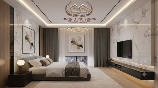 Thiết kế vách đầu giường phòng ngủ sang trọng bằng tấm ốp Nano vân gỗ kết hợp lam sóng