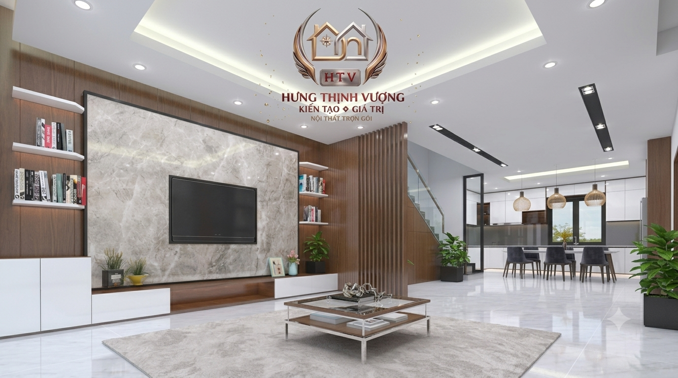 Thiết kế vách lưng sofa sang trọng, ấm cúng bằng tấm ốp Nano vân vải và vân gỗ của Hưng Thịnh Vượng