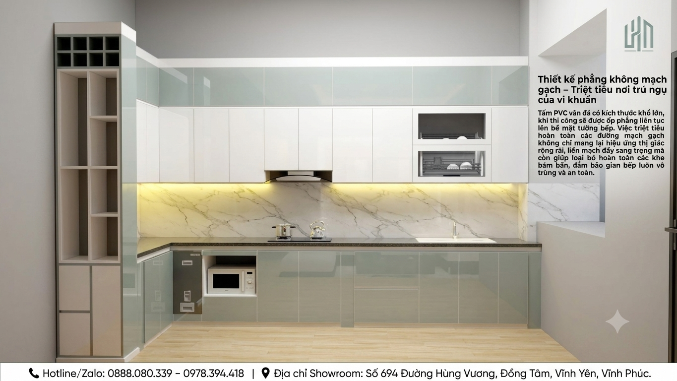 "Thiết kế vách bếp ốp tấm nhựa PVC vân đá khổ lớn không mạch gạch, triệt tiêu nơi trú ngụ của vi khuẩn, thi công bởi Hưng Thịnh Vượng."