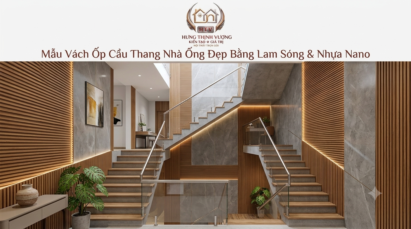 Mẫu vách ốp cầu thang nhà ống bằng lam sóng nhựa Nano sang trọng tại Vĩnh Phúc
