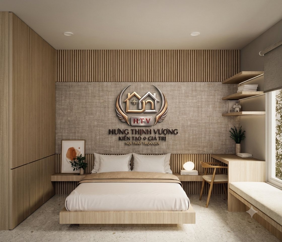 Mẫu vách ốp đầu giường hiện đại, sang trọng kết hợp tấm ốp Nano và lam sóng do Hưng Thịnh Vượng thi công.