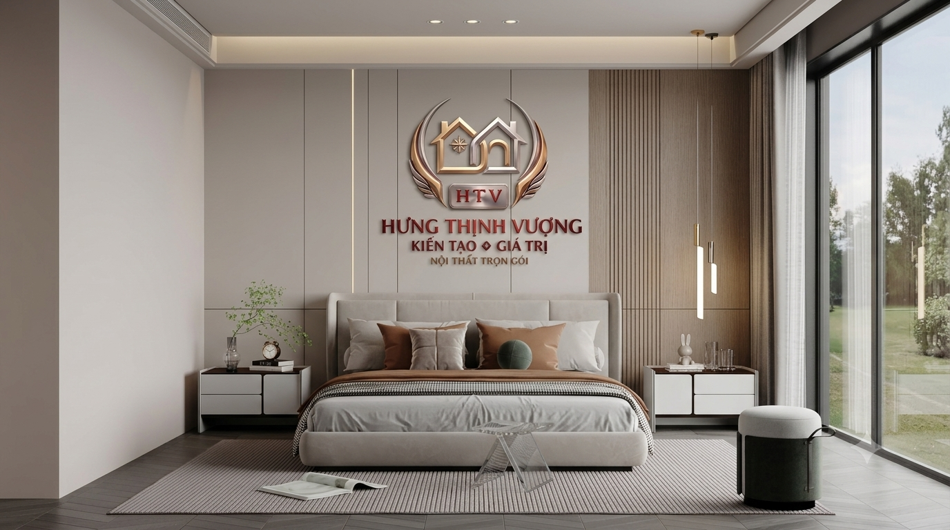 Mẫu vách ốp đầu giường phòng ngủ Master sang trọng bằng tấm nhựa Nano và lam sóng tại Hưng Thịnh Vượng