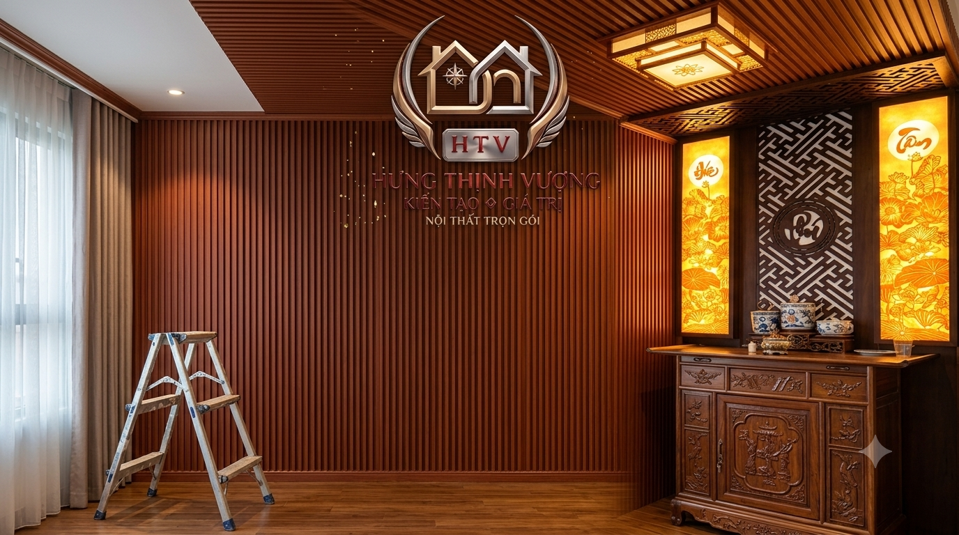 Vách ốp lam sóng vân gỗ óc chó sau bàn thờ tạo vẻ đẹp bề thế, vững chãi cho không gian thờ cúng