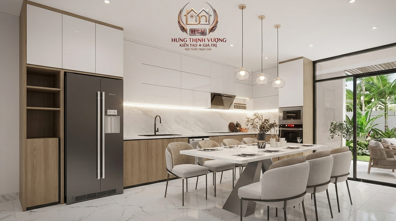 Vách ốp Nano phòng ăn hiện đại, bề mặt chống bám bẩn dễ dàng vệ sinh cho không gian sạch sẽ