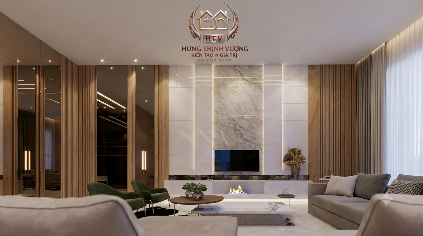 Mẫu vách ốp tivi phòng khách sang trọng bằng tấm Nano vân đá kết hợp lam sóng và nẹp vàng tại Vĩnh Phúc
