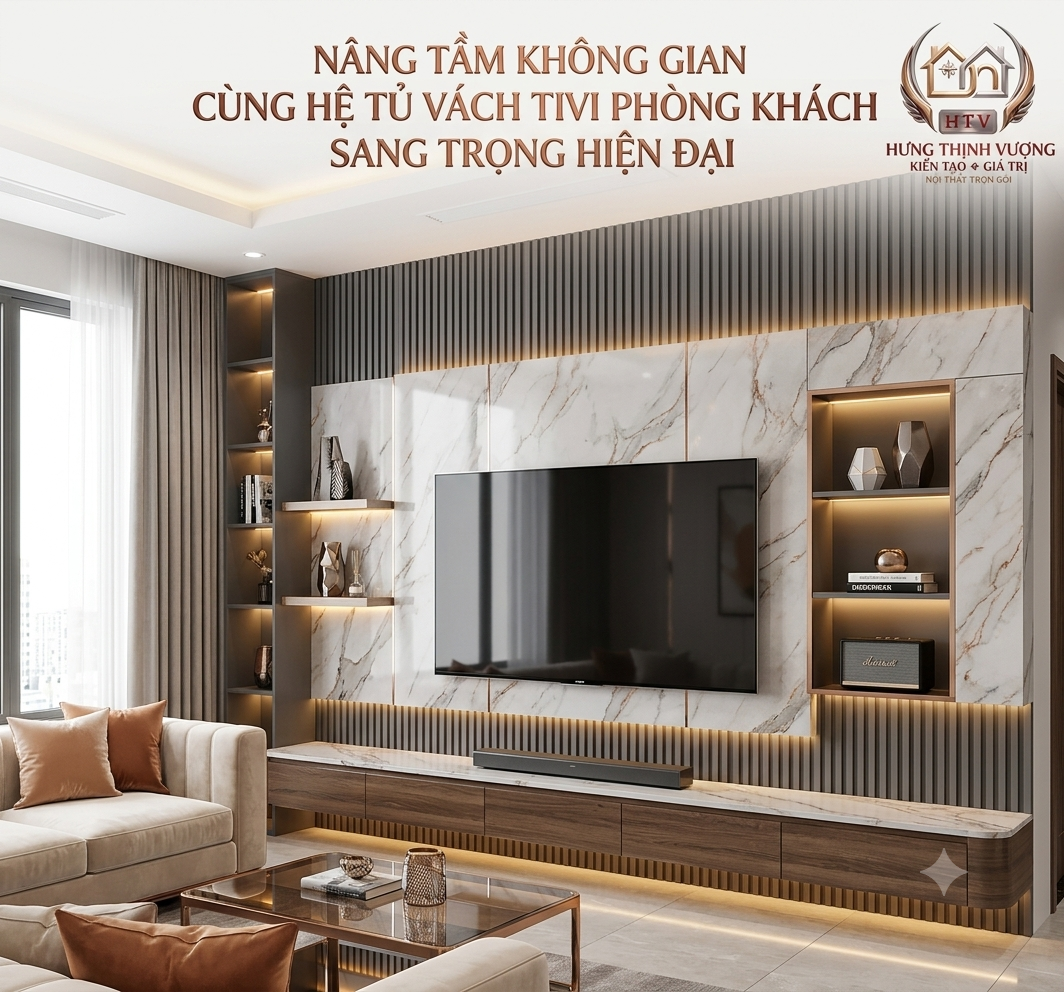 Mẫu vách tivi phòng khách ốp nhựa PVC vân đá