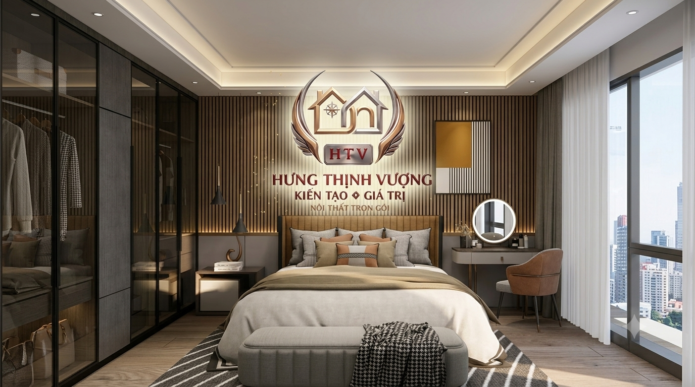 Vách tivi phòng ngủ master tối giản sử dụng tấm ốp nhựa nano vân vải màu be sáng nhẹ nhàng