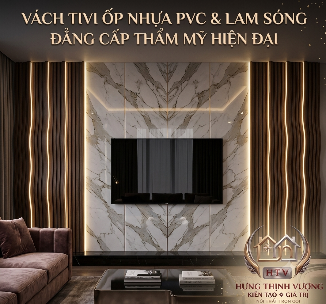 Vách tivi phòng khách ốp nhựa PVC vân đá kết hợp lam sóng