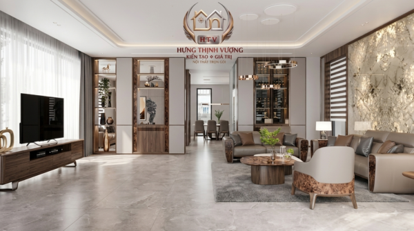 Bố cục nội thất phòng khách hiện đại sang trọng với bộ sofa da cao cấp và bàn trà tinh tế