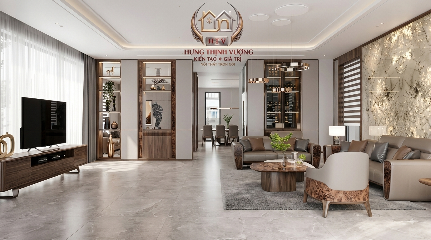 Bố cục nội thất phòng khách hiện đại sang trọng với bộ sofa da cao cấp và bàn trà tinh tế