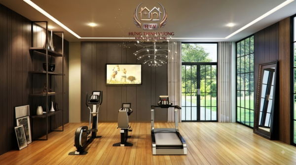 Bố trí góc tập gym tại nhà hiện đại kết hợp gương soi và đèn LED hắt vách Nano