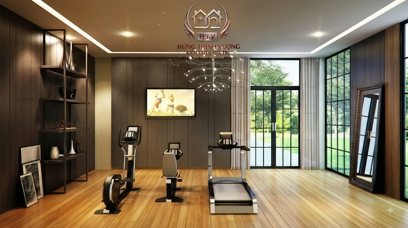 Bố trí góc tập gym tại nhà hiện đại kết hợp gương soi và đèn LED hắt vách Nano