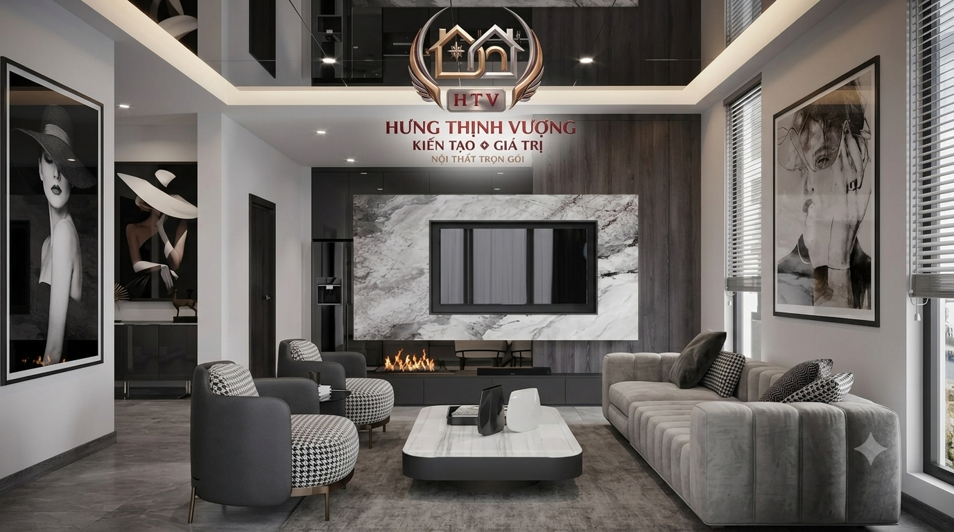 Không gian phòng khách hiện đại 2026 cải tạo bằng tấm ốp nhựa Nano Hưng Thịnh Vượng
