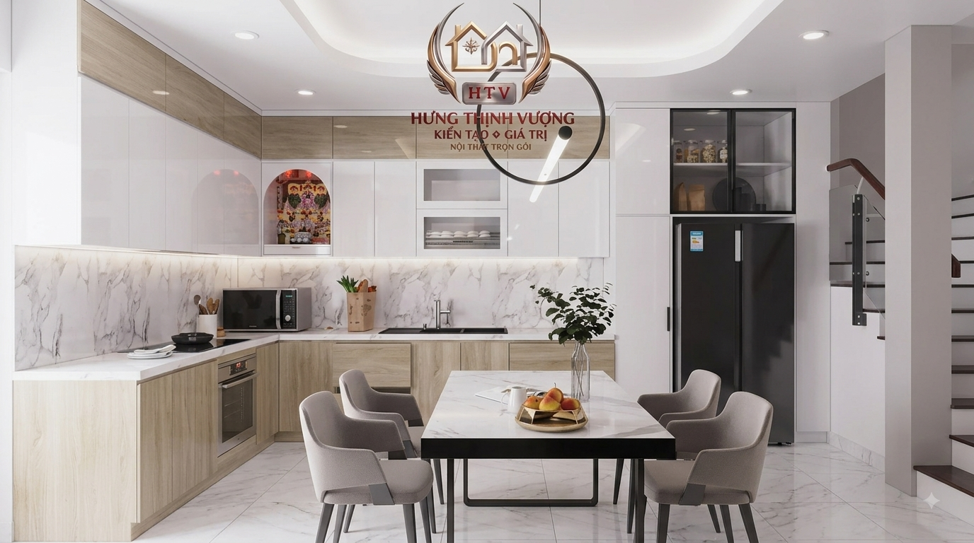 Thiết kế đèn LED tủ bếp kết hợp tấm ốp nhựa Nano vân đá sang trọng hiện đại
