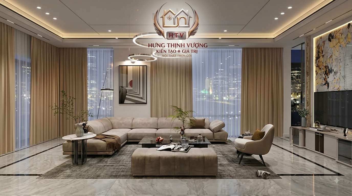 Thi công thiết kế nội thất phòng khách hiện đại sang trọng nâng tầm đẳng cấp không gian sống Hưng Thịnh Vượng