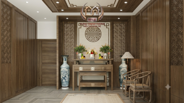 Thiết kế trần phòng thờ hiện đại tích hợp đèn hắt ánh sáng vàng ấm áp tại Vĩnh Phúc