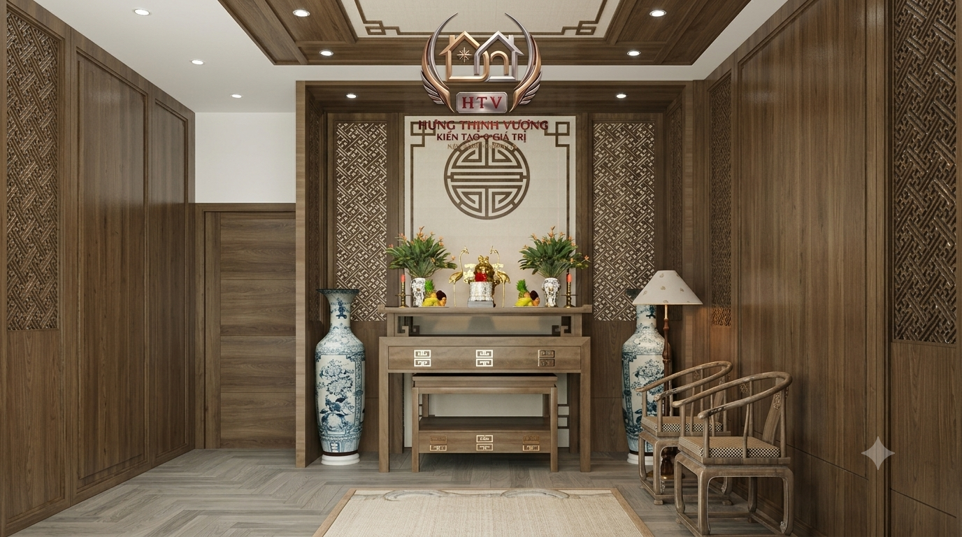 Thiết kế trần phòng thờ hiện đại tích hợp đèn hắt ánh sáng vàng ấm áp tại Vĩnh Phúc