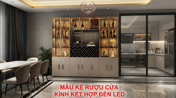Tủ rượu âm tường phòng khách kết hợp tấm ốp nhựa Nano vân đá xám đẳng cấp 2026