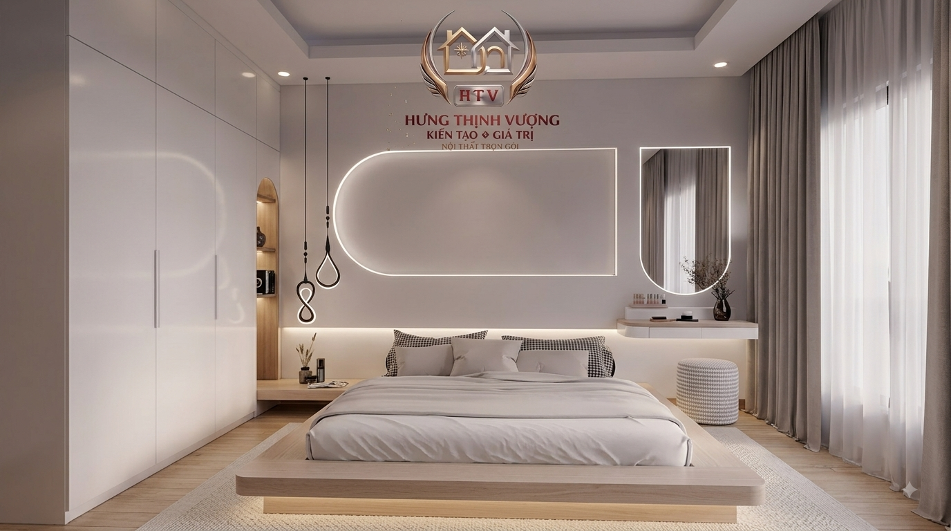 Vách đầu giường phòng ngủ trang trí tấm ốp nhựa Nano vân gỗ ấm cúng Hưng Thịnh Vượng