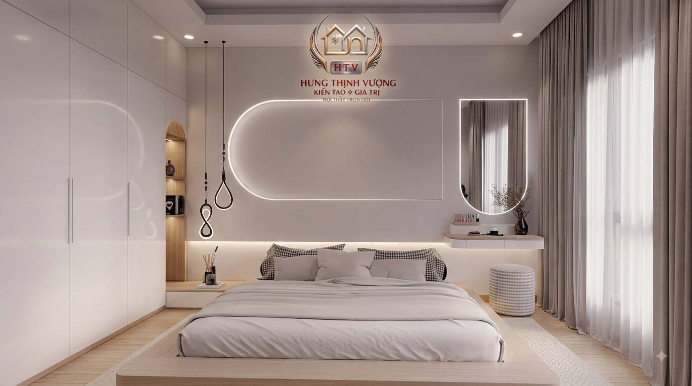 Vách trang trí đầu giường phòng ngủ hiện đại 2026 bằng tấm ốp nhựa Nano vân đá xám