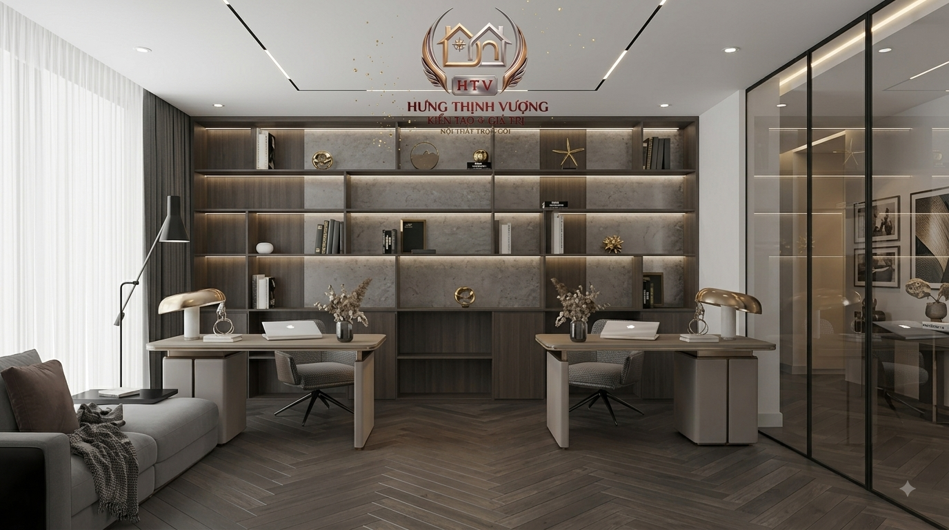 Vách trang trí phòng làm việc hiện đại 2026 bằng tấm ốp nhựa Nano và lam sóng cao cấp